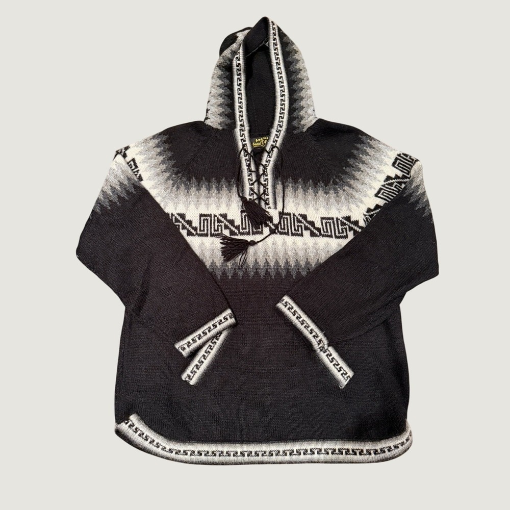 American South Side Alpaca Wool Hoodie Black Gray Geometric Peru Womens L